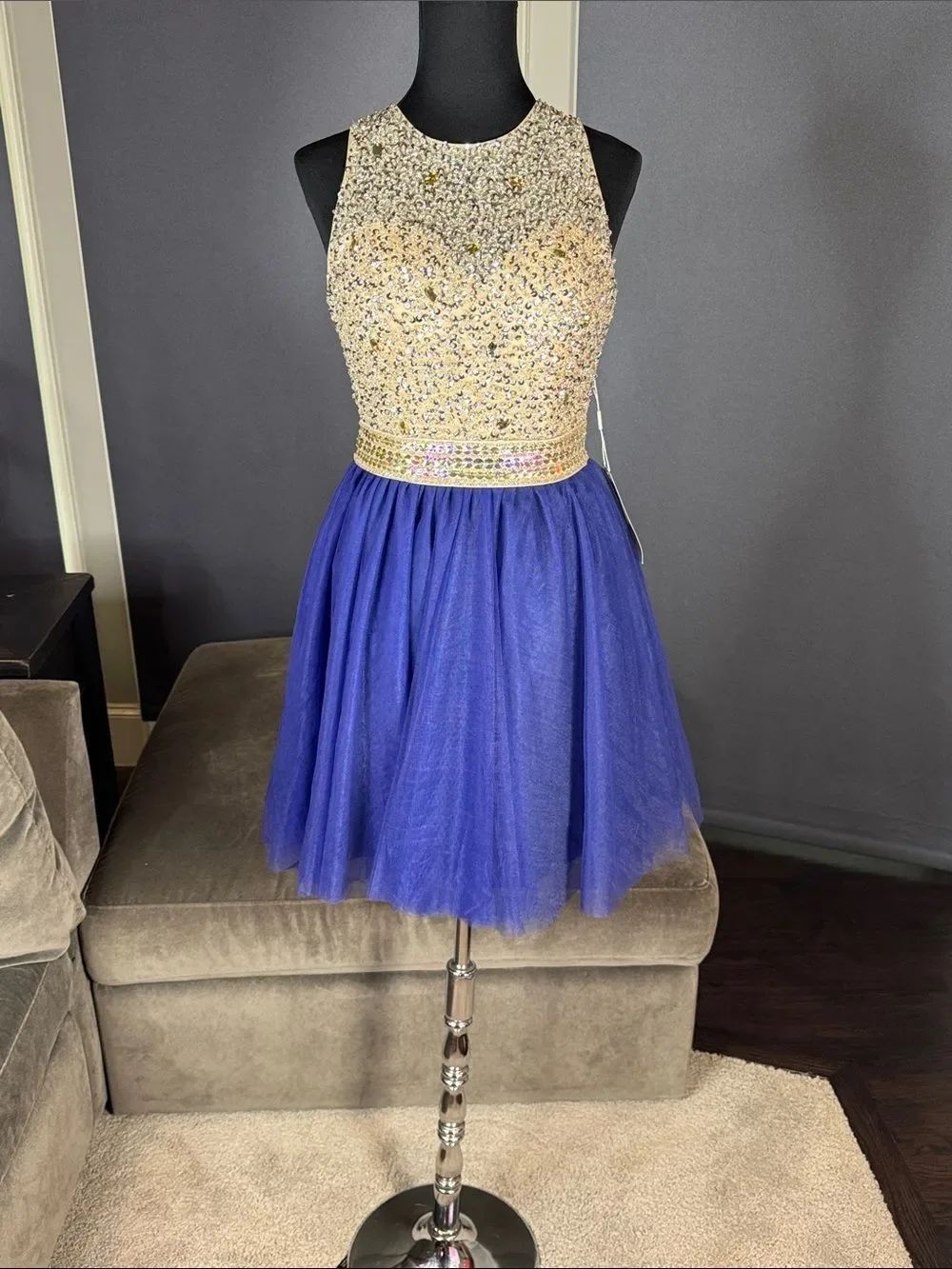 Women’s Embellished Sequin Beaded Bodice Royal Blue Tulle Party Dress Size 2 NWT